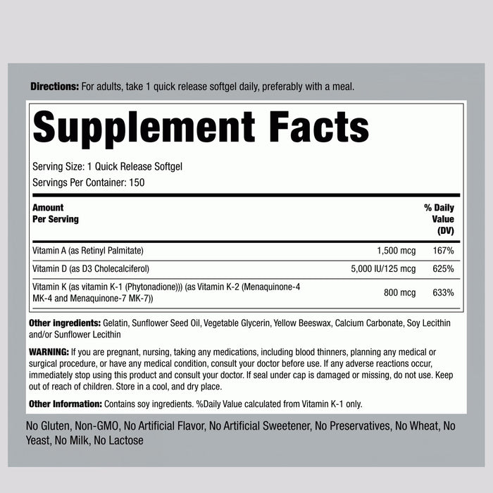 Piping Rock Vitamins A (1500 mcg) D (5000 IU) & K (800 mcg), 150 Quick Release Softgels Wicked NRG
