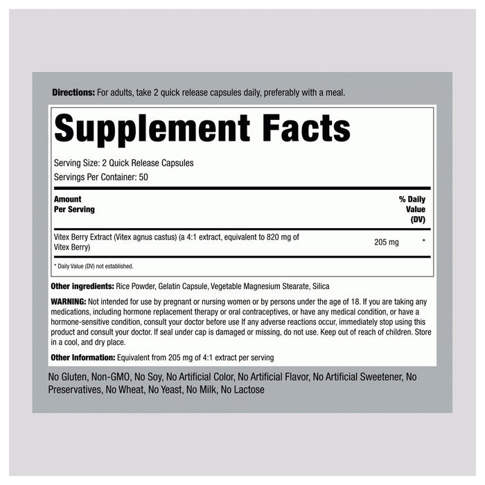 Piping Rock Vitex (Chasteberry Fruit), 820 mg 100 Capsules Ingredients Wicked NRG