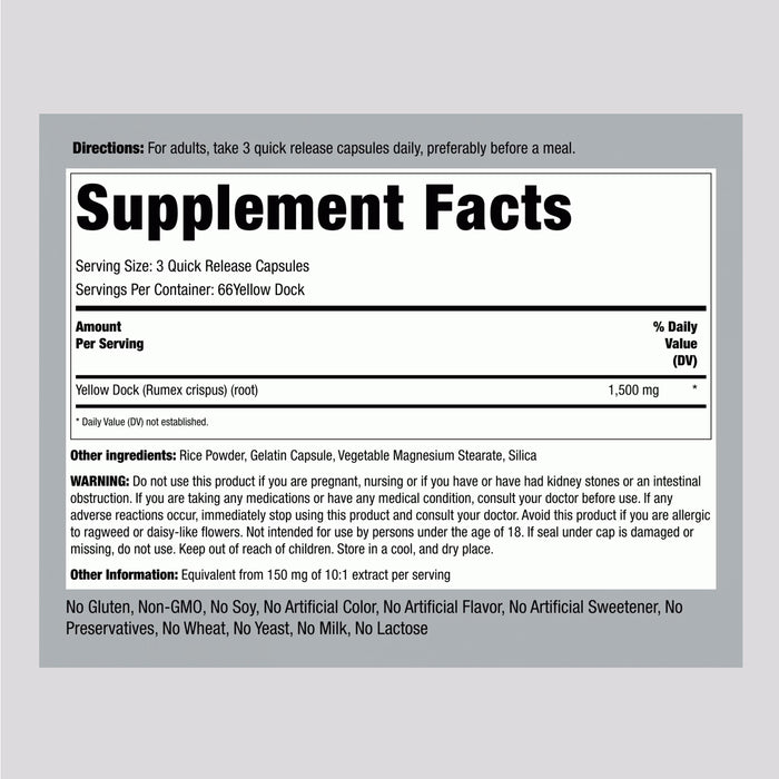 Piping Rock Yellow Dock, 1500 mg (per serving), 200 Quick Release Capsules Nutritional Panel Wicked NRG