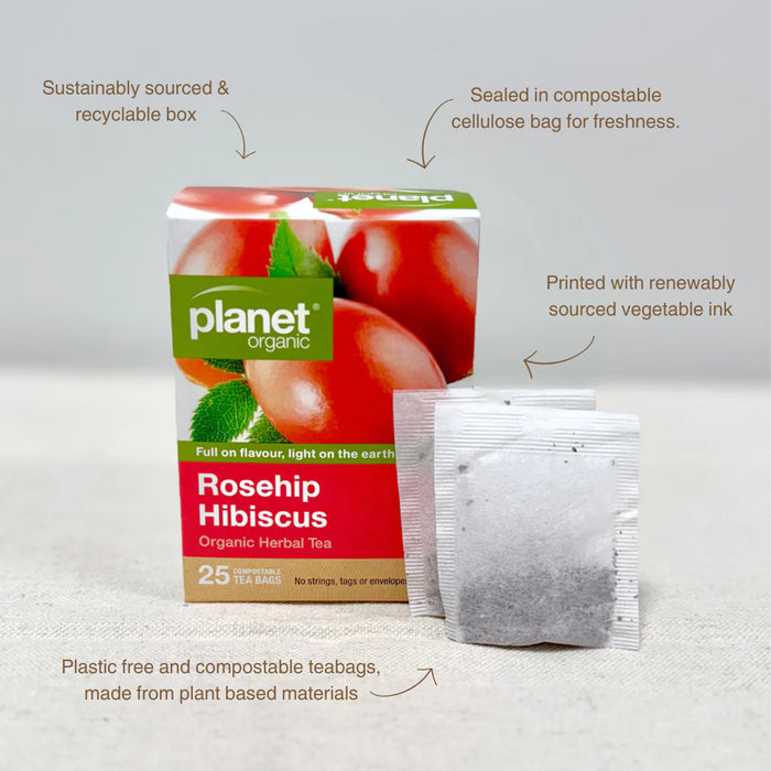 Planet Organic Rosehip & Hibiscus Tea 25 Tea Bags - Certified Organic Ingredients b Wicked NRG