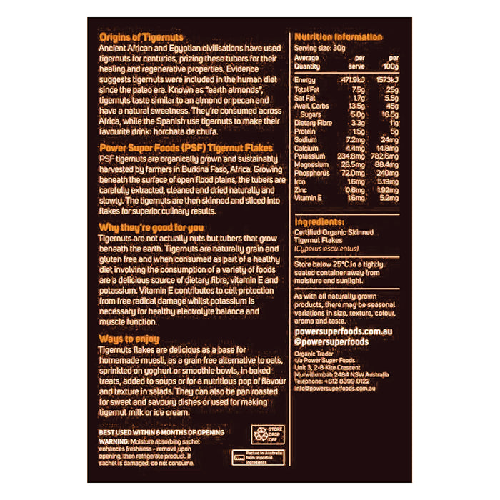 Power Super Foods Tigernut Flakes Organic 250g Nutritional Panel Wicked NRG 
