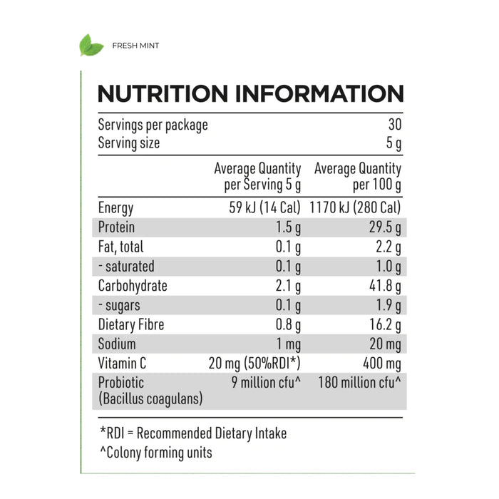 Prana On Super Greens Fresh Mint 30 Serves 150g Nutritional Panel Wicked NRG 