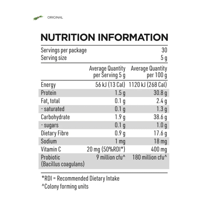 Prana On Super Greens Original 30 Serves 150g Nutritional Panel Wicked NRG 