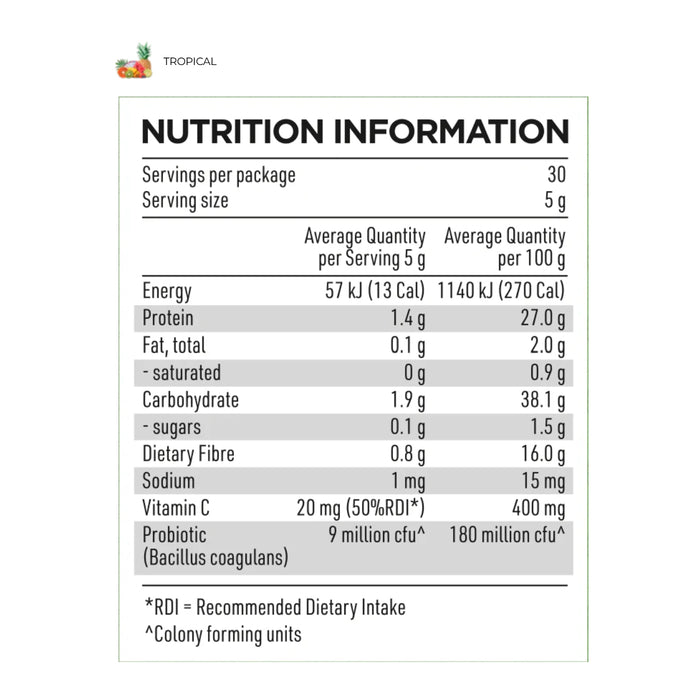 Prana On Super Greens Tropical Flavour 30 Serves 150g Nutritional Panel Wicked NRG 