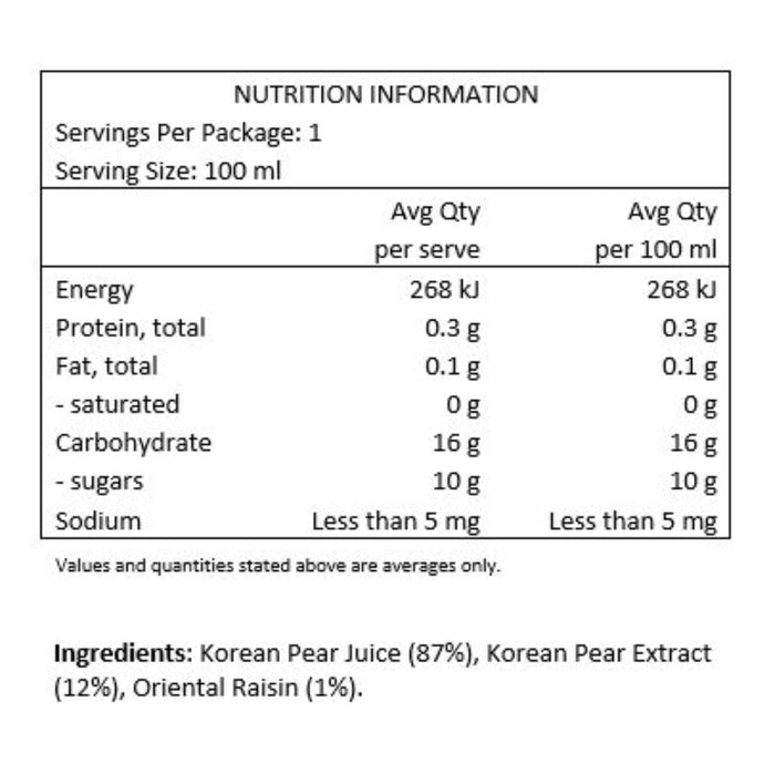 Pre-Drinking Korean Pear Recovery Tonic 100ml Nutritional Panel Wicked NRG