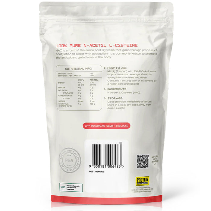 Protein Supplies Australia NAC Unflavoured 100g Nutritional Panel Wicked NRG