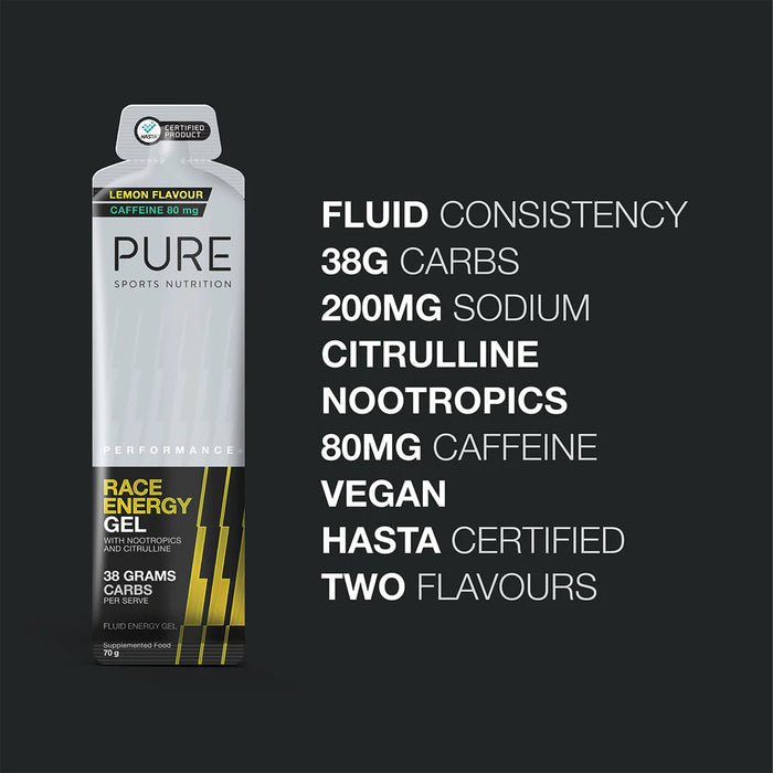 Pure Sports Nutrition PURE Performance + Race Energy Gel - Lemon + Caffeine, 70g, a Wicked NRG