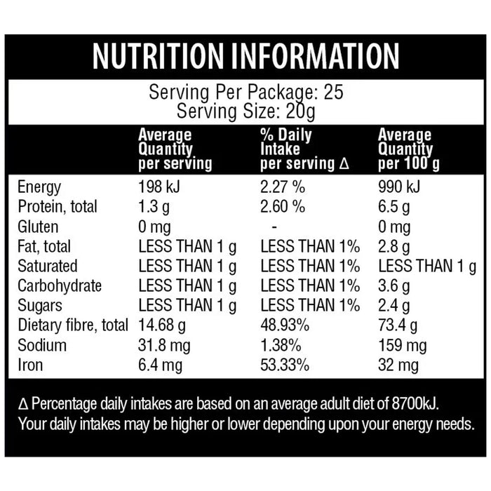 Qenda Ultimate Fibre Choc 500g Nutritional Panel Wicked NRG