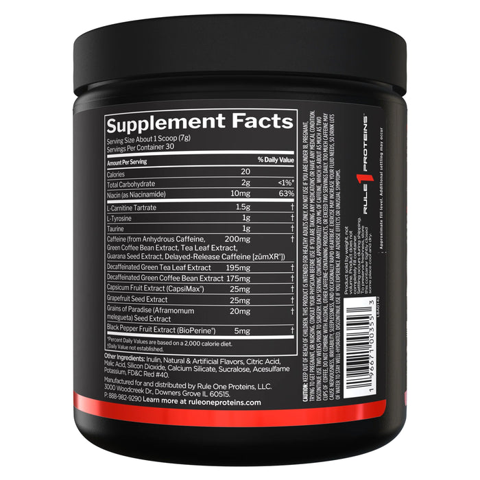 RULE 1 Burn 30 serves 210g Nutritional Panel Wicked NRG