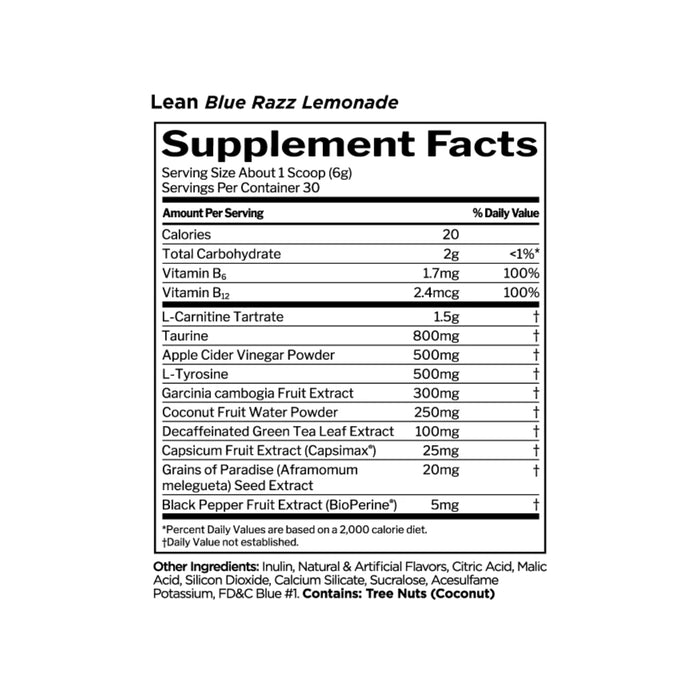 RULE 1 Lean Blue Razz Lemonade 30 Serves 180g Nutritional Panel Wicked NRG