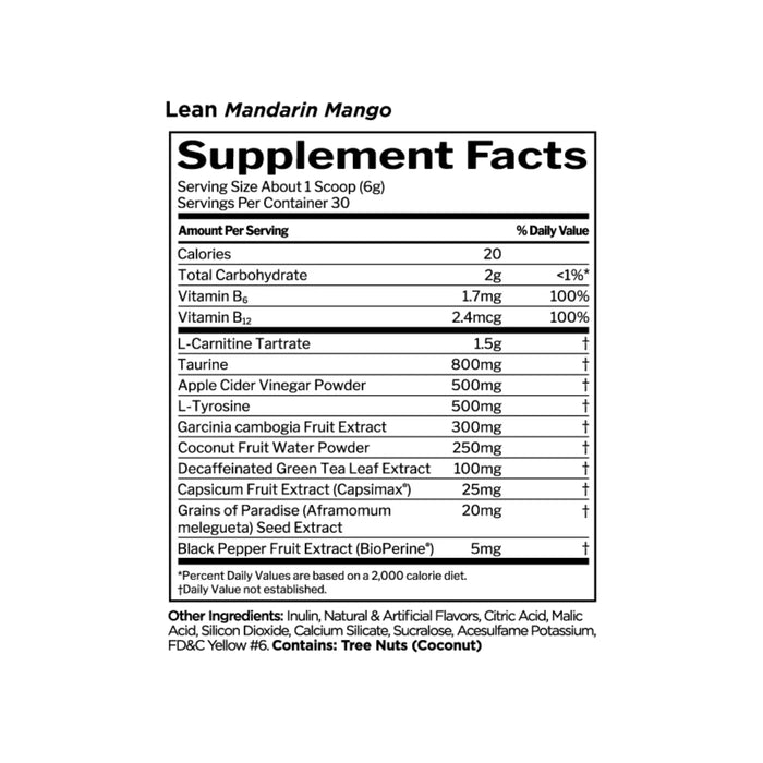 RULE 1 Lean Mandarin Mango 30 Serves 180g Nutritional Panel Wicked NRG