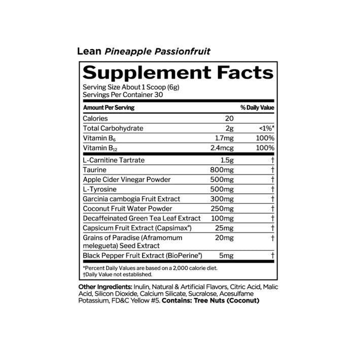 RULE 1 Lean Pineapple Passionfruit 30 Serves 180g Nutritional Panel Wicked NRG