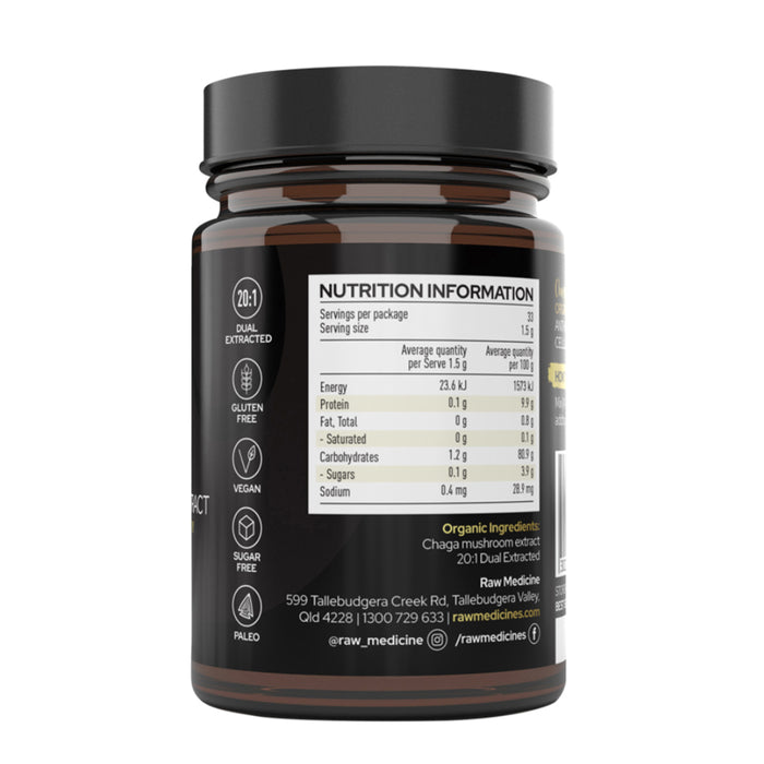 Raw Medicine Organic Mushroom Extract Chaga 50g Ingredients Wicked NRG
