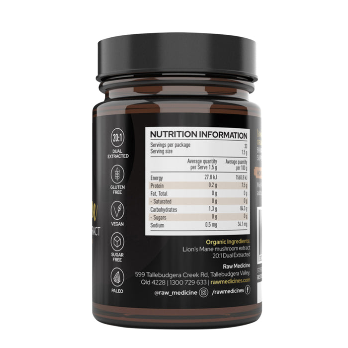 Raw Medicine Organic Mushroom Extract Lions Mane 50g ingredinets Wicked NRG