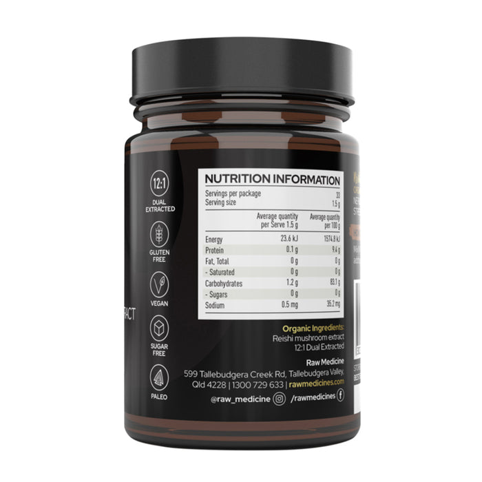 Raw Medicine Organic Mushroom Extract Reishi 50g ingredients Wicked NRG