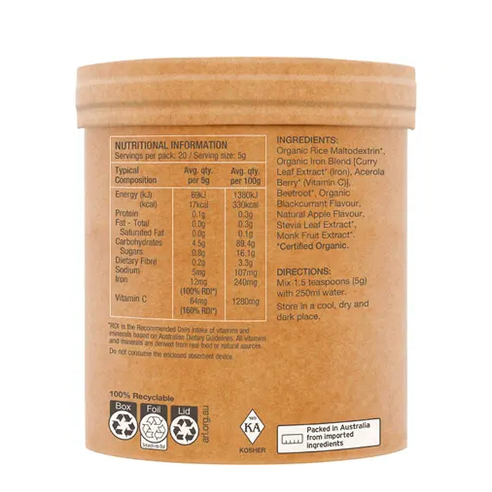 Raw Organic Iron Apple Blackcurrant 100g Nutritional Panel Wicked NRG