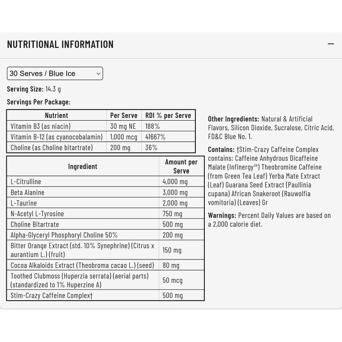 Rich Piana Nutrition 5150 Blue Ice 30 serves Nutritional Panel Wicked NRG