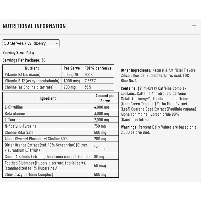 Rich Piana Nutrition 5150 Wildberry 30 serves Nutritional Panel Wicked NRG