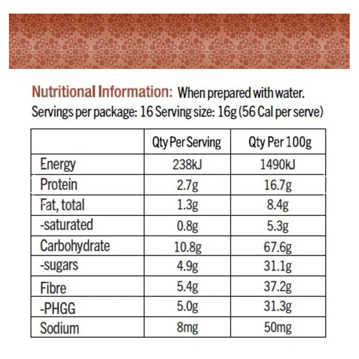 SUPERFLORA Dark Hot Chocolate 256G Nutritional Panel Wicked NRG