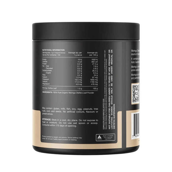 SWITCH NUTRITION Moringa Organic 100% Pure Unflavoured 150g 150 serves Nutritional Panel Wicked NRG