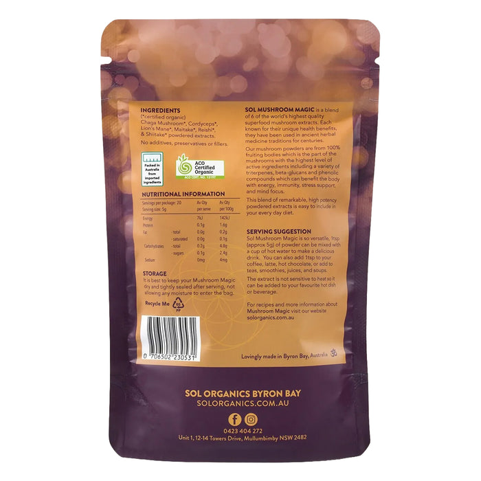 Sol Organics Mushroom Magic Super Mushroom Powder Blend 100g Nutritional Panel Wicked NRG