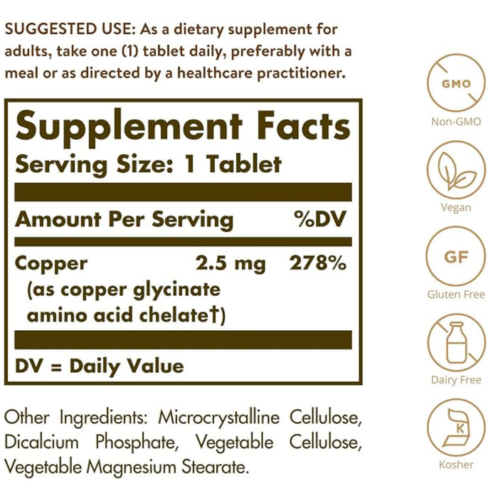 Solgar Chelated Copper 100 Tablets Nutritional Panel Wicked NRG