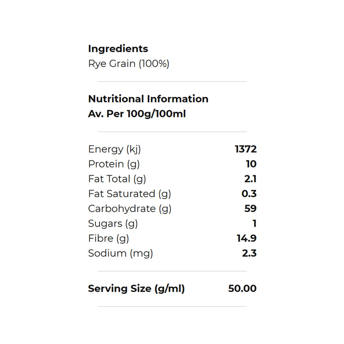 Sustainable Stoneground Whole Rye Flour 100g Nutritional Panel Wicked NRG