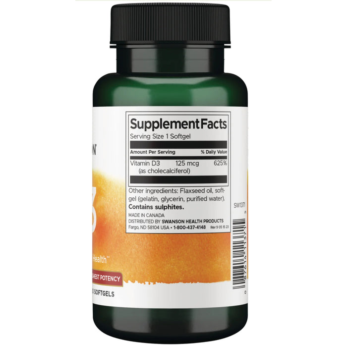 Swanson Vitamin D3 Highest Potency 5000 IU 250 Softgels Nutritional Panel Wicked NRG