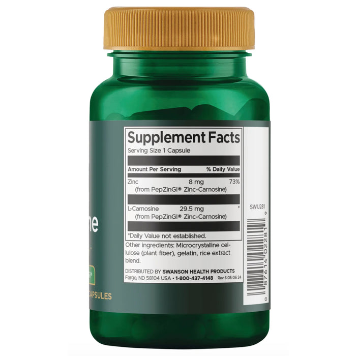 Swanson Vitamins Zinc Carnosine - Featuring PepZinGI 60 Capsules Nutritional Panel Wicked NRG