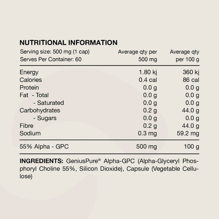 Switch Nutrition Alpha GPC Genius Pure 30 grams 60 Serves Ingredients Wicked NRG