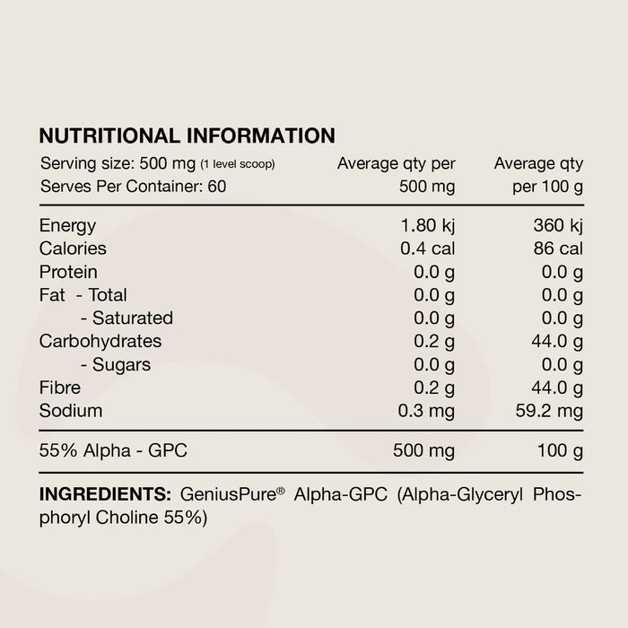 Switch Nutrition Alpha GPC Genius Pure 30 grams 60 Serves Ingredients Wicked NRG