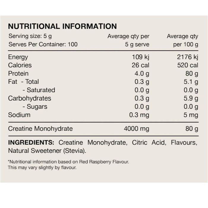 Switch Nutrition Flavoured Creatine Red Frog 500g Nutritional Panel Wicked NRG
