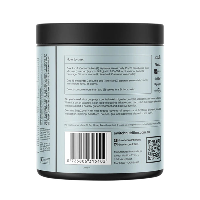 Switch Nutrition Gut Restore Natural Flavour 159g 30 serves Directions Wicked NRG