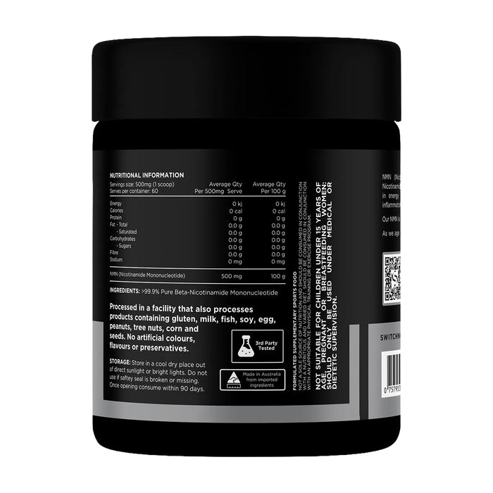 Switch Nutrition NMN Pure Nicotinamide Mononucleotide Powder 60 Serves 30g Nutritional Panel Wicked NRG