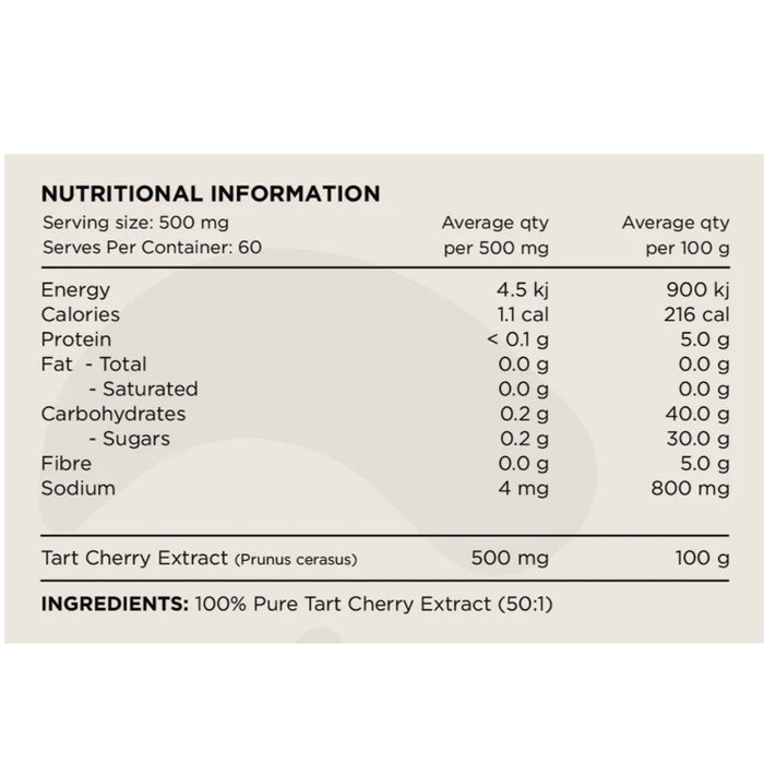 Switch Nutrition Tart Cherry Powder 60 Serves 30g Nutritional Panel Wicked NRG