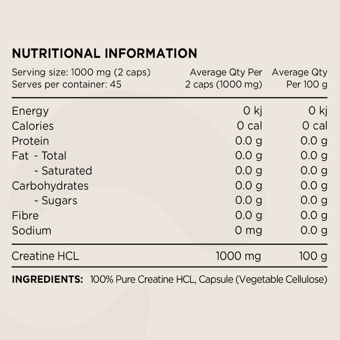 Switch Nutrition, Creatine HCL, 90 Capsules, 45 serves, Nutritional Panel, Wicked NRG