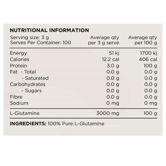 Switch Nutrition Glutamine 100 Serves, Unflavoured, Pure L-Glutamine, 300g Nutritional Panel, Wicked NRG