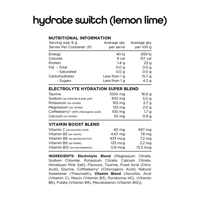 Switch Nutrition Hydrate Sticks Lemon Lime 20 sachets Ingredients Wicked NRG