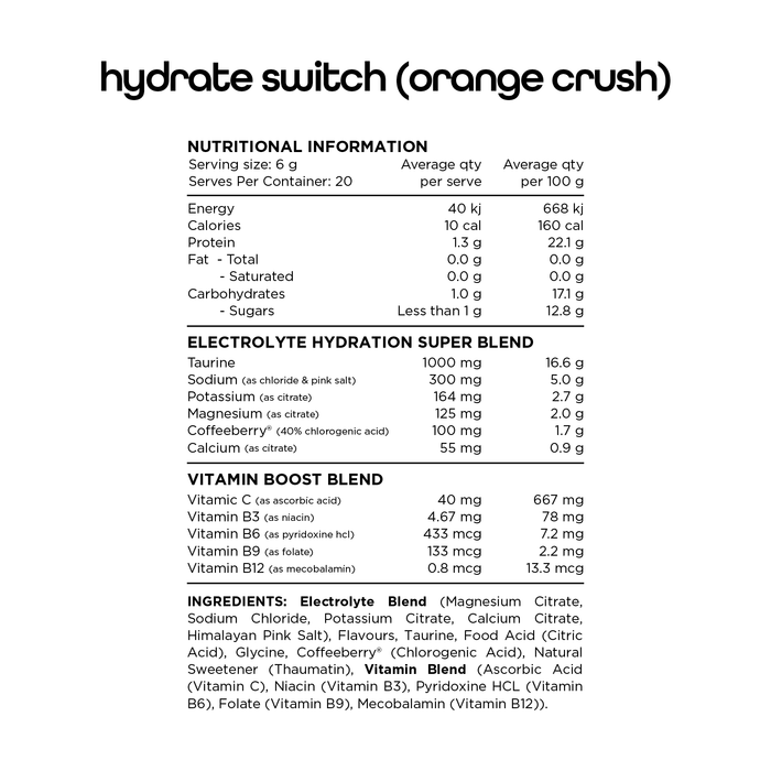 Switch Nutrition Hydrate Sticks Orange Crush 20 sachets Ingredients Wicked NRG