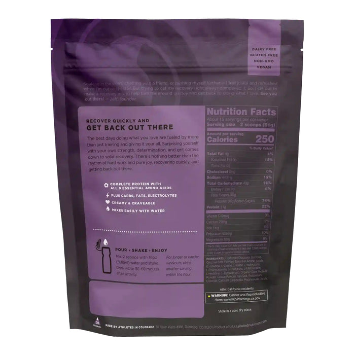 Tailwind Nutrition Recovery Mix - Non-Caffeinated Chocolate 15 serves, Nutritional Panel, Wicked NRG
