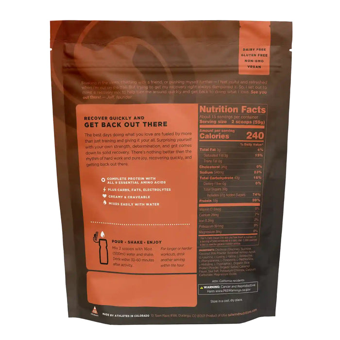 Tailwind Nutrition Recovery Mix - Non-Caffeinated Salted Caramel 15 Serves, Nutritional Panel, Wicked NRG