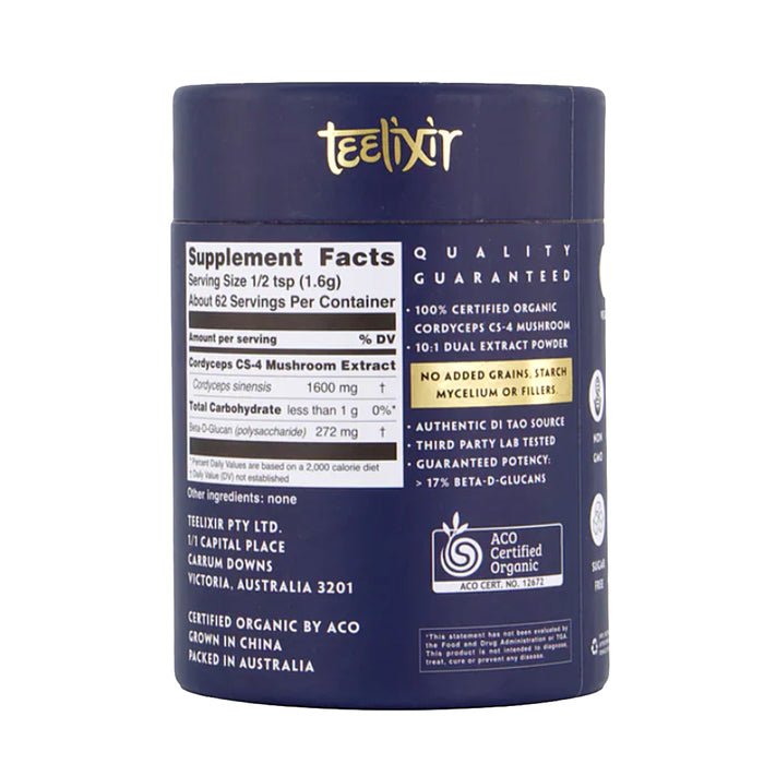 Teelixir Organic Cordyceps Mushroom 50g Nutritional Panel Wicked NRG