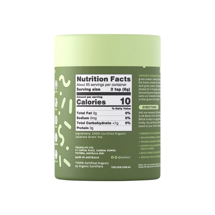 TEELIXIR Organic Matcha Ceremonial Grade 100 Gram Nutritional Panel Wicked NRG