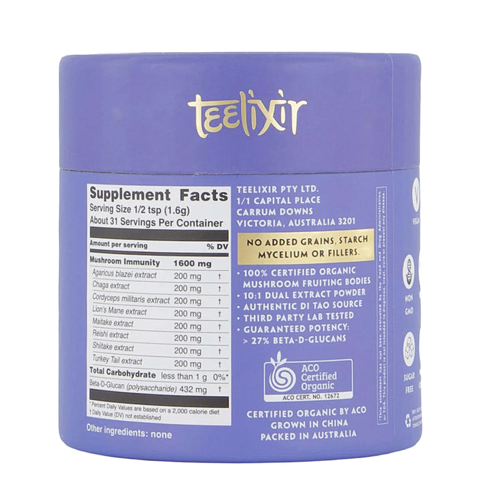 Teelixir Organic Mushroom Immunity, 10-1, 100g, Nutritional Panel, Wicked NRG