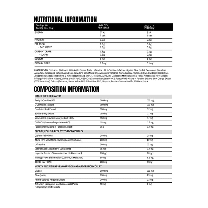 The X Athletics Dialed Shred Blue Raspberry 40 Serves, Nutritional Info, Wicked NRG