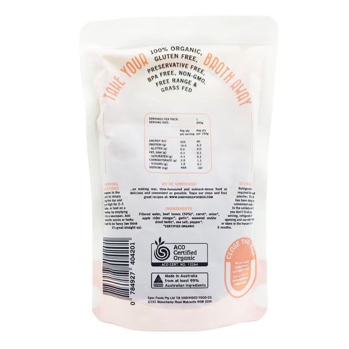 Undivided Food Co Good Bones Certified Organic Beef Bone Broth 250ml Nutritional Panel  Wicked NRG