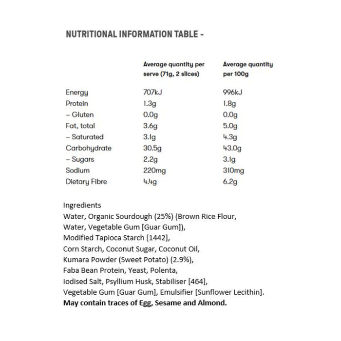Venerdi Sweet Potato Sourdough Bread 535g Nutritional Panel Wicked NRG