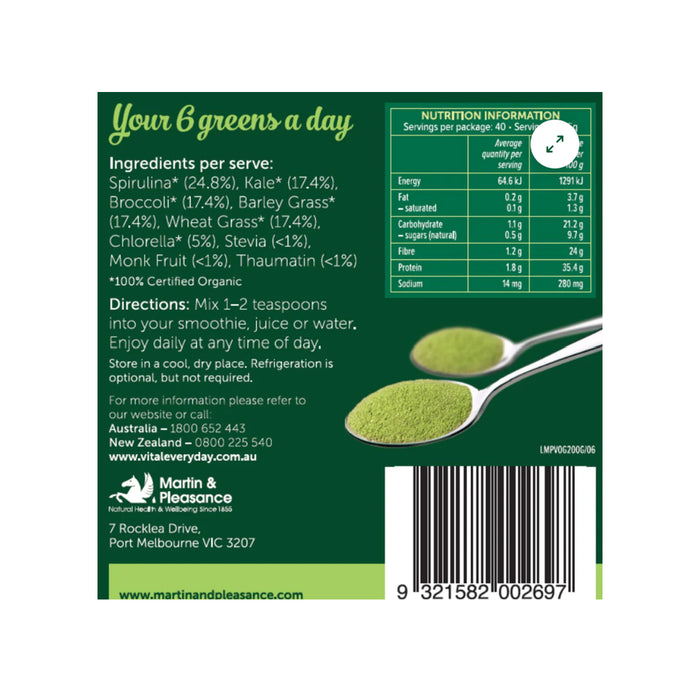 Vital Organic Greens 200gm Nutritional Panel Wicked NRG