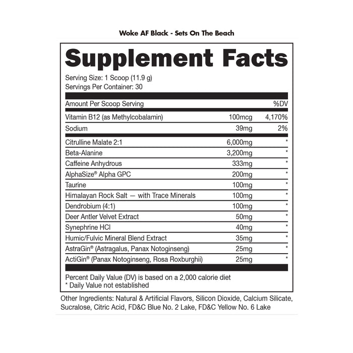 WOKE AF BLACK - High Stimulant Pre-Workout Sets On The Beach, 357 grams, 30 serves, Wicked NRG