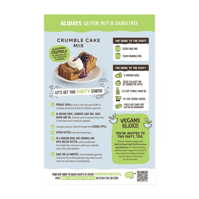 Well & Good, Gluten Free Crumble Cake Mix 400g directions Wicked NRG